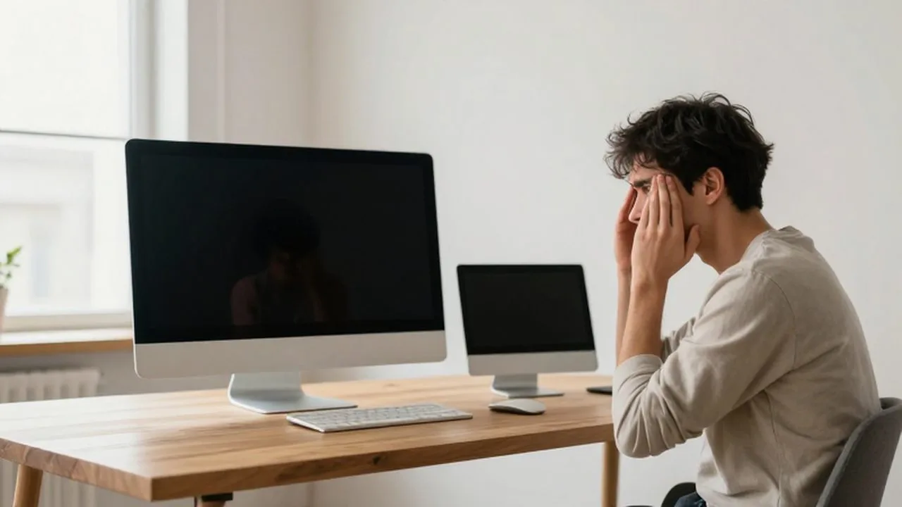 Persona confundida comparando un monitor gigante con una pantalla pequeña en un escritorio minimalista.