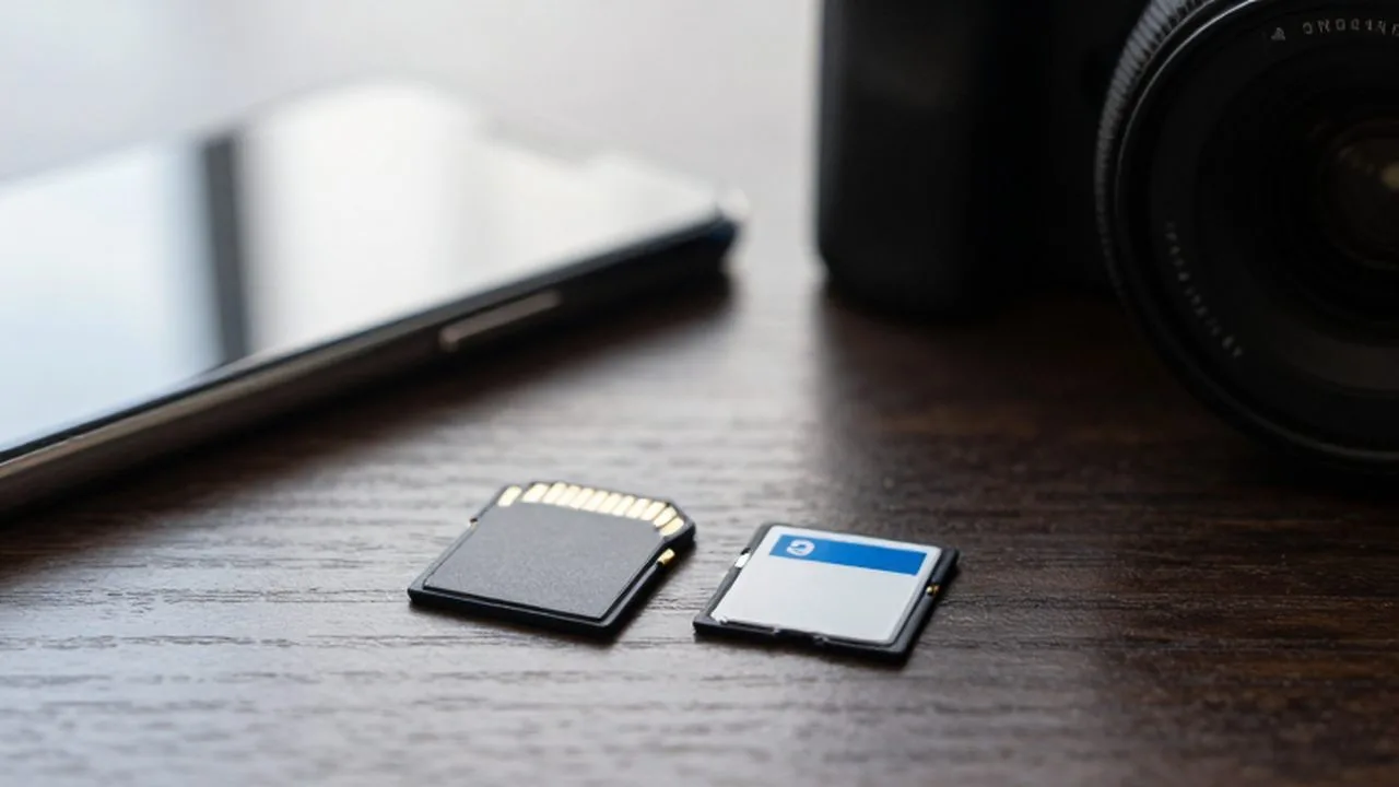 Tarjeta microSD y tarjeta SD sobre un escritorio de madera junto a un móvil y una cámara.