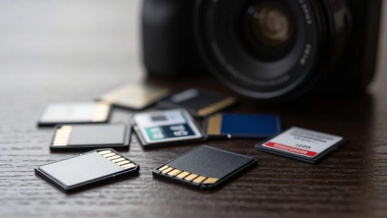 Tarjetas de memoria SD y micro SD con sus contactos dorados sobre una mesa de madera.
