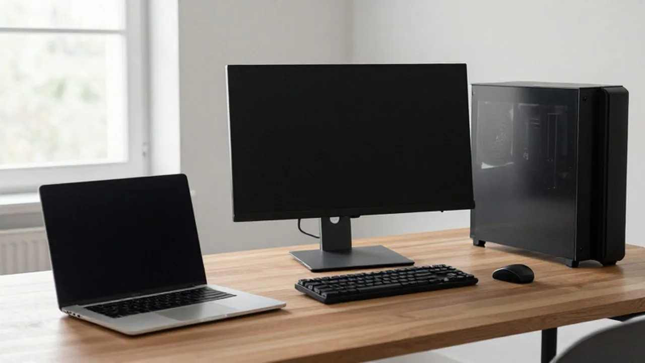 Escritorio de madera moderno con un ordenador portátil de plata y un equipo de escritorio profesional.