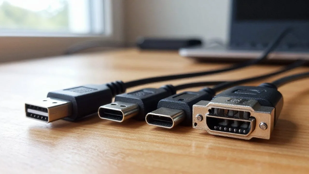 Conectores USB tipo A, tipo C y PS/2 dispuestos sobre un escritorio de madera.