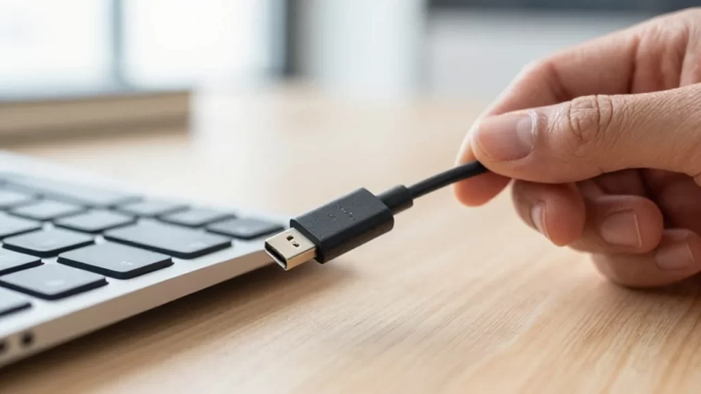 Manos sosteniendo un teclado y un cable para conectar un conector USB-C a un USB-A.