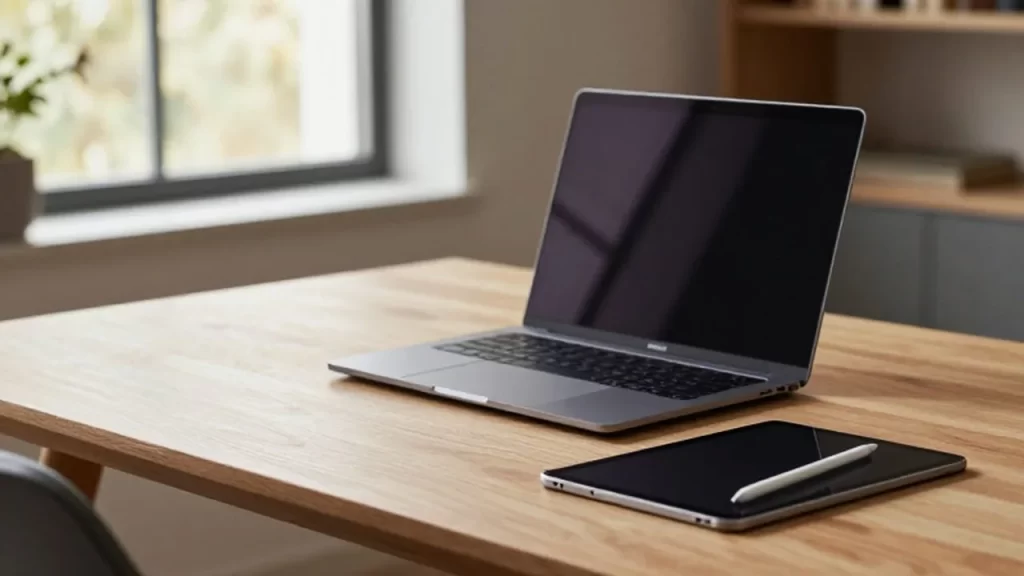 Laptop delgada y tableta con lápiz digital sobre un escritorio de madera en un despacho luminoso.